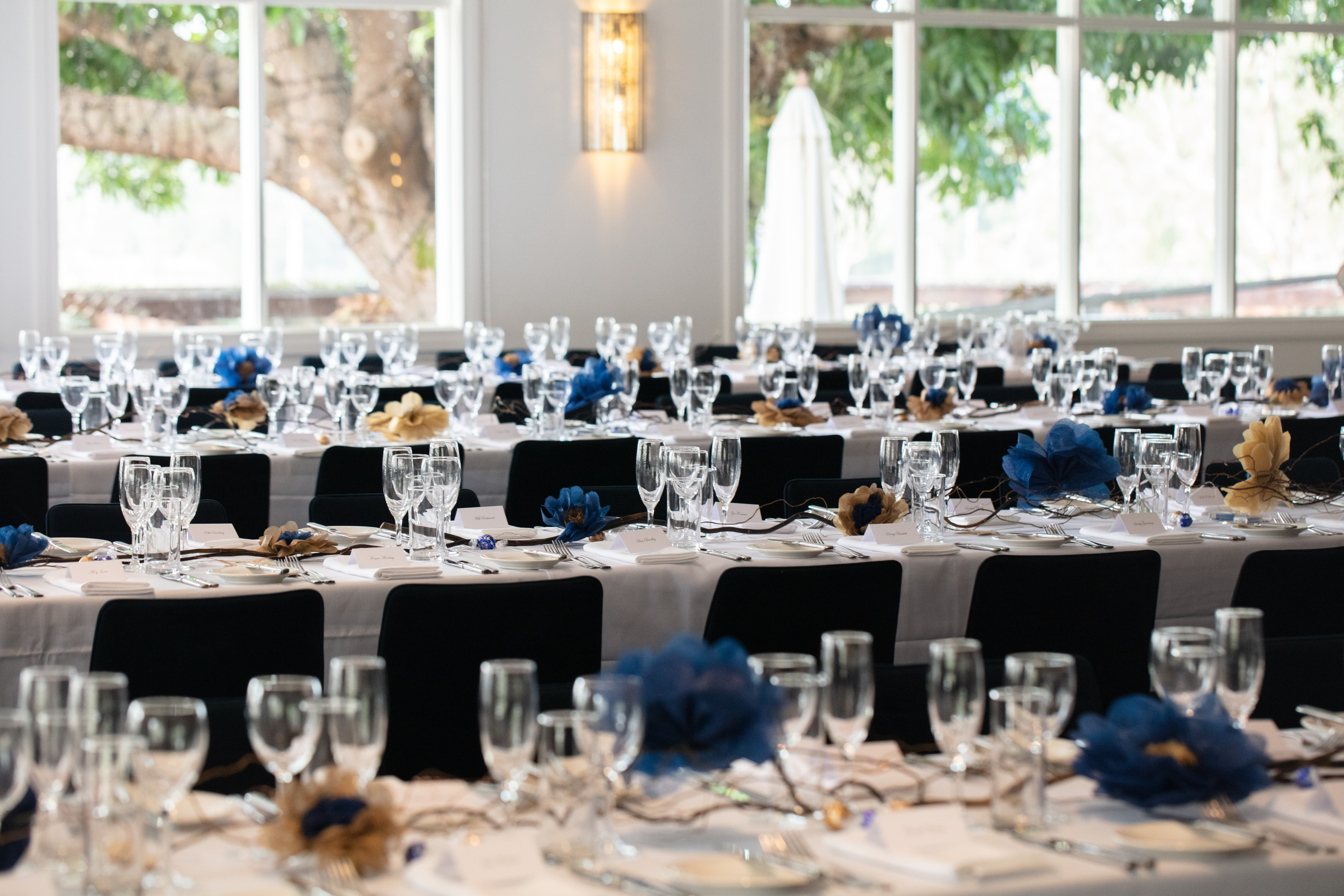 Tables and chairs set up inside the Grandview Room at Hillstone St Lucia, Brisbane.