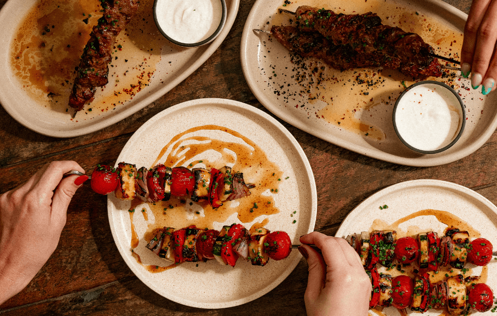Vegetable and lamb skewers at restaurant in St Lucia, Brisbane.