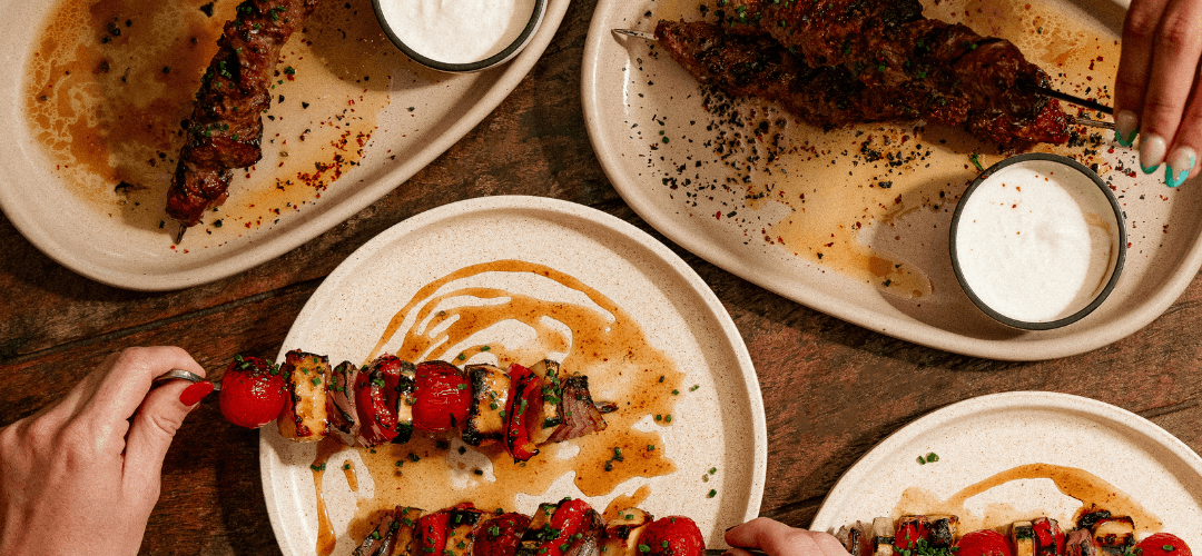 Vegetable and lamb skewers served at a restaurant in St Lucia, Brisbane.