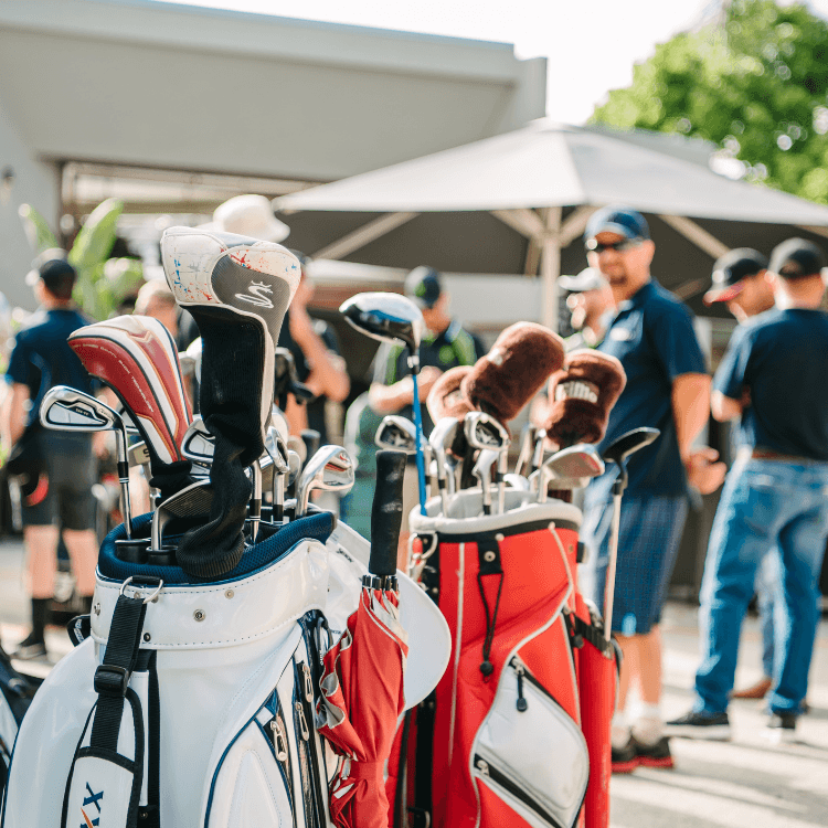 Golf bags with clubs inside